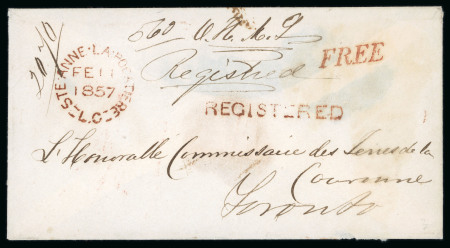 Stamp of Canada » Colony of Canada » Postage-Free Correspondence 1857 O.H.M.S. Stampless Registered Cover – STE ANNE LA POCATIERE “FREE” and “REGISTERED”