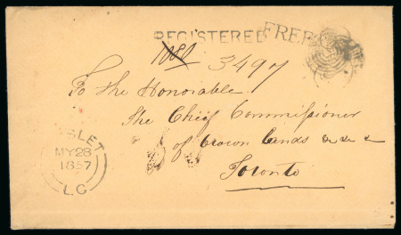 Stamp of Canada » Colony of Canada » Postage-Free Correspondence 1857 Official Stampless Registered Cover – L’ISLET “FREE” and “REGISTERED”