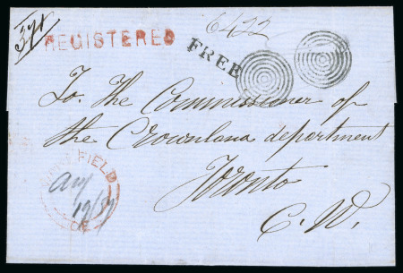 Stamp of Canada » Colony of Canada » Postage-Free Correspondence 1857 Official Stampless Registered Cover – Wakefield “FREE” and “REGISTERED”