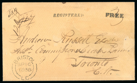 Stamp of Canada » Colony of Canada » Postage-Free Correspondence 1858 Stampless Registered Cover – SP 16 “FREE” and Oblique “REGISTERED”