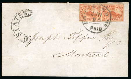 Stamp of Canada » Colony of Canada » Mail from the USA 1852–57 Horizontal Pair 3d Orange-Red on Thin Oily Paper – Posted in the United States