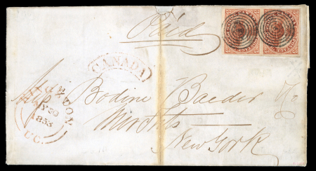 Stamp of Canada » Colony of Canada » Mail to the USA 1852–57 3d Brown-Red Vertical Pair on Thin Wove – Kingston to New York