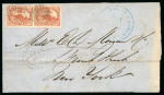 Stamp of Canada » Colony of Canada » Mail to the USA 1852–57 3d Brown-Red Horizontal Pair on Thin Wove – London to New York via Suspension Bridge