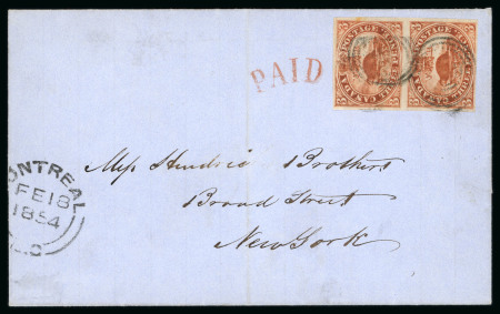 Stamp of Canada » Colony of Canada » Mail to the USA 1852–57 3d Brown-Red Vertical Pair on Thin Wove – Montreal to New York
