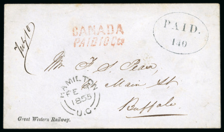 Stamp of Canada » Colony of Canada » Mail to the USA 1855 Cover – Great Western Railway, Hamilton to Buffalo