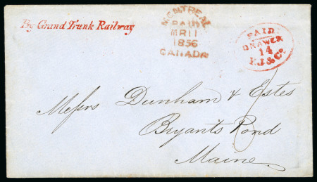 Stamp of Canada » Colony of Canada » Mail to the USA 1856 Montreal to Bryant's Pond, Maine – Grand Trunk Railway Cover