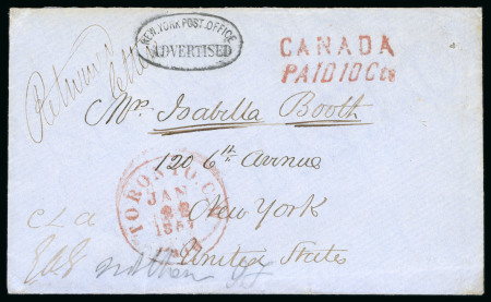 Stamp of Canada » Colony of Canada » Mail to the USA 1857 Crown Lands Department Stampless Envelope – Toronto to New York (Returned)