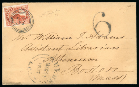 Stamp of Canada » Colony of Canada » Mail to the USA 1852–57 3d Deep Red on Medium Wove – Unaccepted Partial Payment to Boston