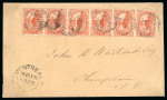 Stamp of Canada » Colony of Canada » Mail to the USA 1858–59 3d Red Perforated – Vertical Strip of Six on Cover