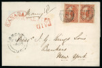 Stamp of Canada » Colony of Canada » Mail to the USA 1852–57 3d Brown-Red on Thin Wove – Vertical Pair on Money Letter to USA