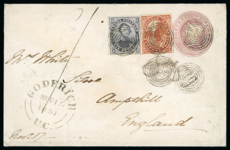 Stamp of Canada » Colony of Canada » Mail to Great Britain 1851 6d Slate-Violet and 1852–57 3d Brown-Red on GB 1d Pink Envelope – Pre-Cartier 10d Rate