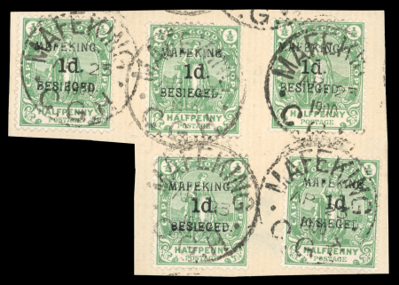 Stamp of South Africa » Mafeking 1900 Cape of Good Hope Standing Hope 1d on 1/2d, five examples on a piece tied by Mafeking AP 23 1900 cds