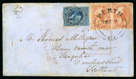 Stamp of Canada » Colony of Canada » Mail to Great Britain 1852–57 3d Scarlet-Vermilion Pair and 10d Bright Blue on Thin Wove – Perth to Scotland via US Packet and Collins Line