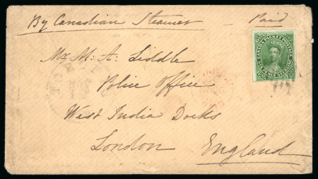Stamp of Canada » Colony of Canada » Mail to Great Britain 1852–57 7½d Yellow-Green (Plate Variety Position 57) – Toronto to London via Canadian Steamers