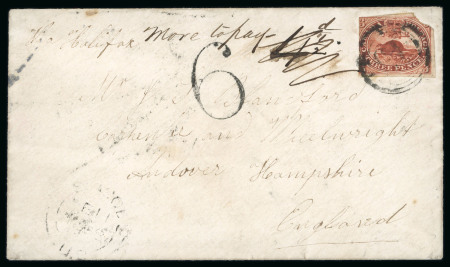 Stamp of Canada » Colony of Canada » Mail to Great Britain 1852–57 3d Brown-Red on Medium Wove – Simcoe to Andover via New York / Cunard “Arabia”
