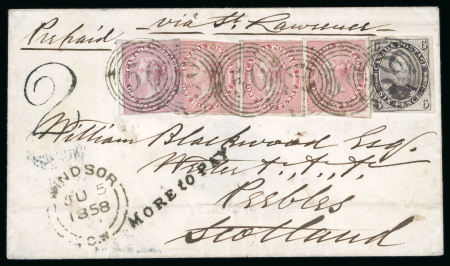 Stamp of Canada » Colony of Canada » Mail to Great Britain 1852–57 6d Reddish-Purple and 1/2d Rose Multiple – Windsor to Peebles via Hamilton / Cunard “Africa”