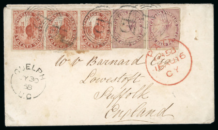 Stamp of Canada » Colony of Canada » Mail to Great Britain 1852–57 Mixed Franking on Horizontally Ribbed Paper – Guelph to Lowestoft via Cunard “America”