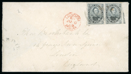 Stamp of Canada » Colony of Canada » Mail to Great Britain 1852–57 6d Slate-Grey Horizontal Pair – Overpaid Brooksbank Cover via Allan “Nova Scotian”