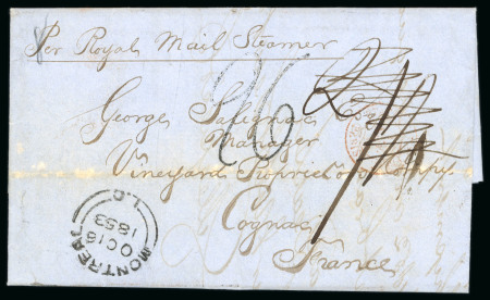 Stamp of Canada » Colony of Canada » Mail to Europe France: 1853 – Montreal to Cognac via Cunard “Arabia”