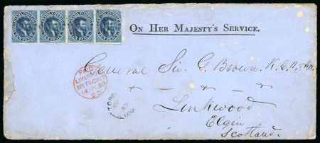 Stamp of Canada » Colony of Canada » Mail to Great Britain 1852–57 10d Blue, Horizontal Strip of Four on OHMS