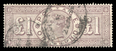 Stamp of Great Britain » 1855-1900 Surface Printed » 1883-84 & 1888 High Values 1884 wmk Crowns £1 brown-lilac BB used with indistinct