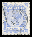 Stamp of Great Britain » 1855-1900 Surface Printed » 1867-83 High Values 1867-83 and 1883-84 used trio incl. 1867-83 10s wmk MC on white paper and £1 wmk anchor on blued paper