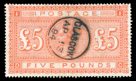 Stamp of Great Britain » 1855-1900 Surface Printed » 1867-83 High Values 1867-83 £5 orange DC on white paper with central Glasgow AP 13 94 cds