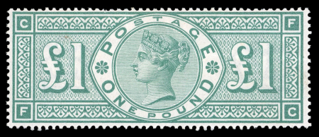 Stamp of Great Britain » 1855-1900 Surface Printed » 1887-1900 Jubilee Issue & 1891 £1 Green GB 1891 £1 green FC mint o.g., light horizontal bend, plus a thinned a used example BA with London registered oval ds
