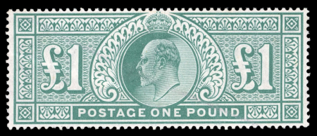 Stamp of Great Britain » King Edward VII » 1902-10 De La Rue Issues 1902-10 £1 green mint o.g., diagonal bend, fresh gum and appearance, fine (S.G. £2'500), plus a very fine used example