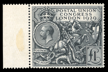 Stamp of Great Britain » King George V » 1924-36 Issues 1929 PUC £1 black mint n.h. left marginal plus a used single