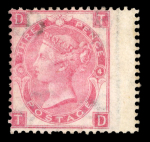 Stamp of Great Britain » 1855-1900 Surface Printed » 1865-67 Large Uncoloured Corner Letters, Wmk Large Garter & Emblems 1865-67 3d rose pl.4 wmk Emblems right marginal unused