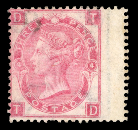 Stamp of Great Britain » 1855-1900 Surface Printed » 1865-67 Large Uncoloured Corner Letters, Wmk Large Garter & Emblems 1865-67 3d rose pl.4 wmk Emblems right marginal unused