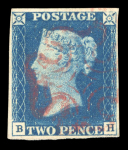 Stamp of Great Britain » 1840 2d Blue (ordered by plate number) 1840 2d blue pl.1 BH, fine to good margins, light and neat red MC, very fine, and 1840 2d blue pl.1 OF on small piece