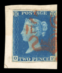 Stamp of Great Britain » 1840 2d Blue (ordered by plate number) 1840 2d blue pl.1 BH, fine to good margins, light and neat red MC, very fine, and 1840 2d blue pl.1 OF on small piece