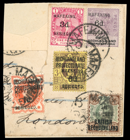 Stamp of South Africa » Mafeking 1900 Cape 3d on 1d, 6d on 3d lilac & black, 1d on 1/2d vermilion, 6d on 3d purple & yellow and 1s on 4d all on part cover 