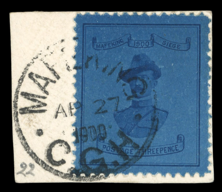 Stamp of South Africa » Mafeking 1900 Baden Powell 3d (21mm wide) deep blue on blue tied to piece by complete Mafeking AP 27 1900 cds
