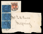 Stamp of South Africa » Mafeking 1900 Major Goodyear 1d deep blue, three examples plus 1d on 1/2d vermilion on part envelope front