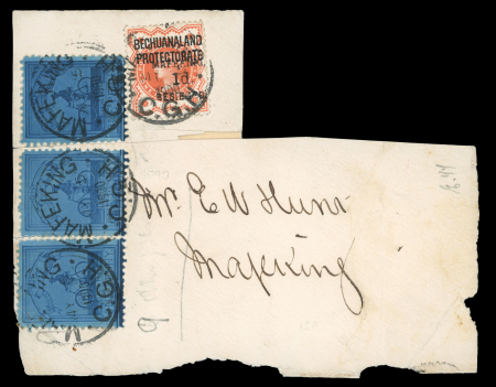 Stamp of South Africa » Mafeking 1900 Major Goodyear 1d deep blue, three examples plus 1d on 1/2d vermilion on part envelope front