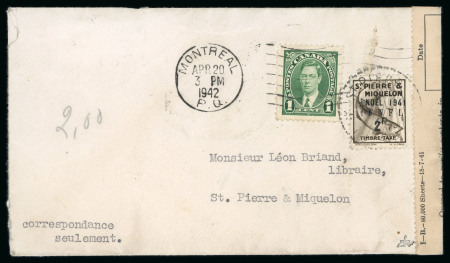 Stamp of Colonies françaises » St. Pierre et Miquelon 1942, lettre d'Avril 1942  envoyée du Canada à St-Pierre