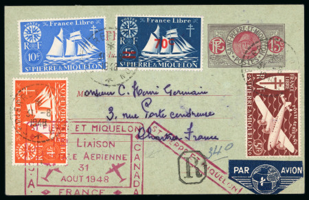 Stamp of Colonies françaises » St. Pierre et Miquelon 1948, entier postal type Pêcheur 15ct avec complément