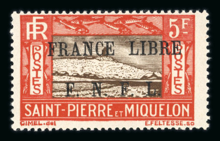 Stamp of Colonies françaises » St. Pierre et Miquelon 1941, type Falaise 5f rouge/Brun surcharge France Libre