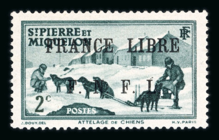 Stamp of Colonies françaises » St. Pierre et Miquelon 1941, type Attelage 2c vert foncé surcharge France