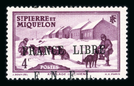 Stamp of Colonies françaises » St. Pierre et Miquelon 1941, type Attelage 4c lilas surcharge France Libre