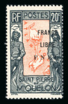 Stamp of Colonies françaises » St. Pierre et Miquelon 1942, type Carte 20c noir et rouge/orange surcharge