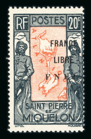 Stamp of Colonies françaises » St. Pierre et Miquelon 1942, type Carte 20c noir et rouge/orange surcharge