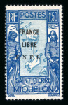 Stamp of Colonies françaises » St. Pierre et Miquelon 1942, type Carte 1,50f beu et bleu pâle surcharge France