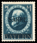 Stamp of Colonies françaises » Sarre 1920, 5m bleu YT n° 30 neuf *, signé Brun et Roumet