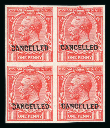 Stamp of Great Britain » King George V » 1912-24 Profile Head Issues 1912 1d scarlet imperf. with "CANCELLED" (type 24) on imperf. block of four, and "SPECIMEN" (type 26) on imperf. pair
