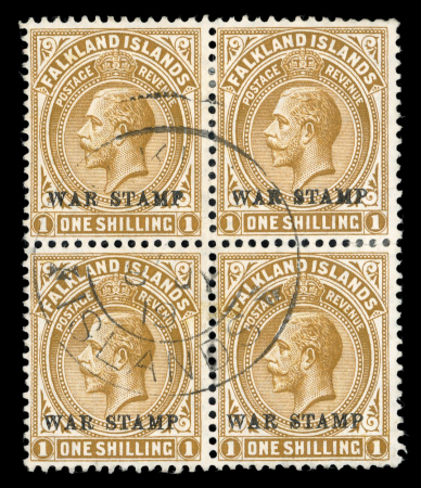 Stamp of Falkland Islands 1918-22 War Stamp 1s light bistre-brown used block of four with central Falkland Islands cds