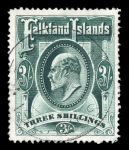 Stamp of Falkland Islands 1904-12 3s green showing "flying triangle" plate flaw